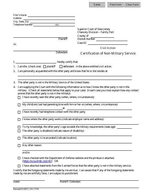 Form 11191 Certification of Non-military Service - New Jersey