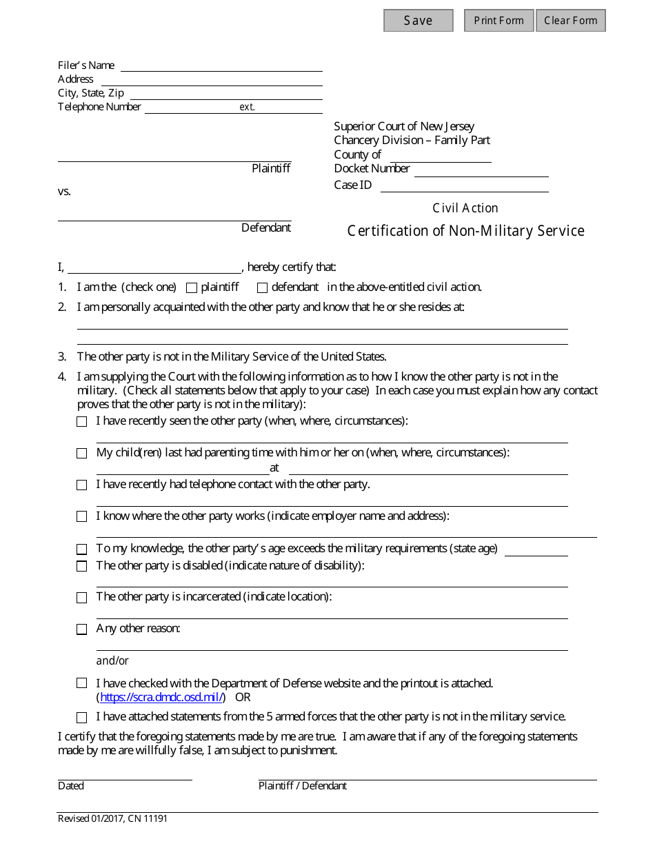 Form 11191 Certification of Non-military Service - New Jersey, Page 1