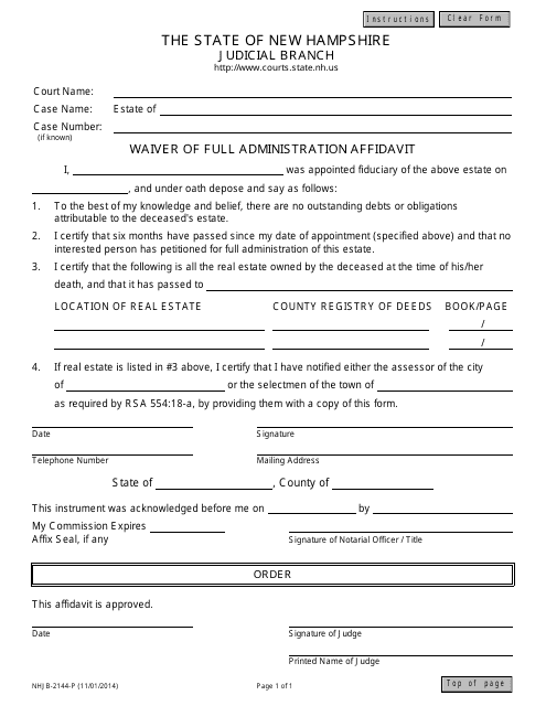 Form NHJB-2144-P Waiver of Full Administration Affidavit - New Hampshire