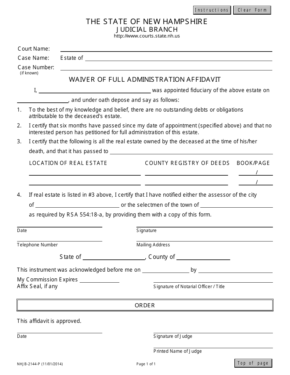 Form NHJB-2144-P Waiver of Full Administration Affidavit - New Hampshire, Page 1