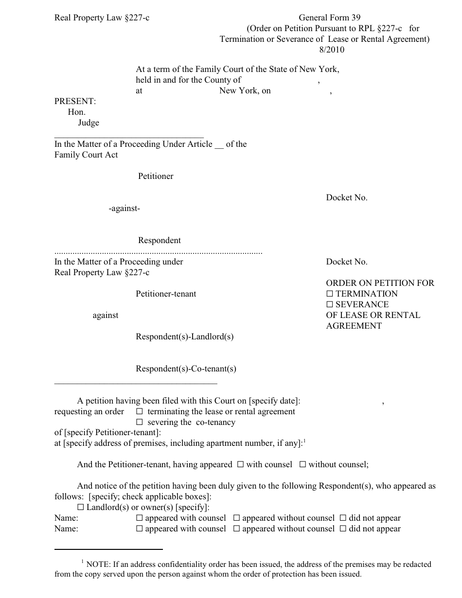 General Form 39 Order on Petition Pursuant to Rpl 227-c for Termination or Severance of Lease or Rental Agreement - New York, Page 1