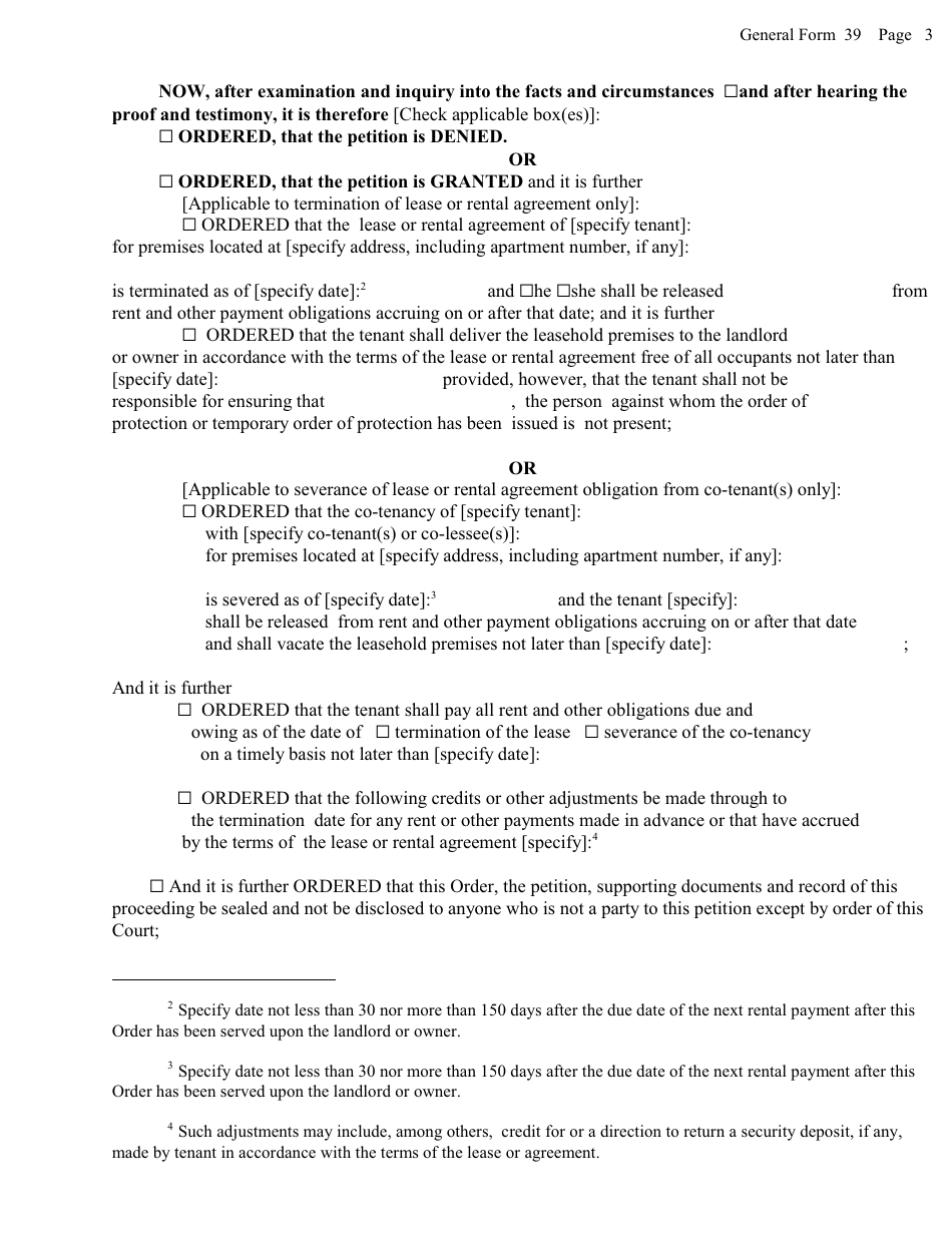 General Form 39 Order on Petition Pursuant to Rpl 227-c for Termination or Severance of Lease or Rental Agreement - New York, Page 3