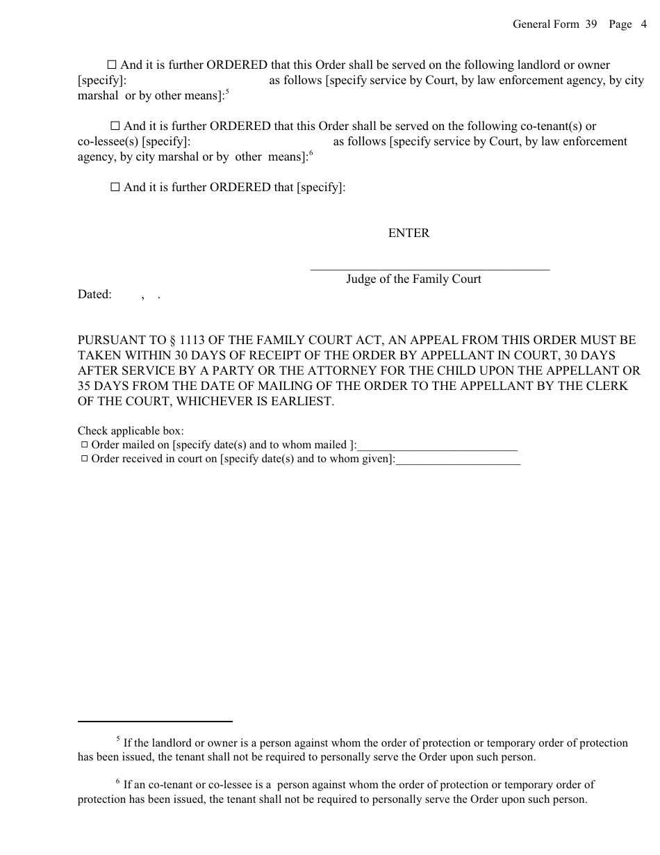 General Form 39 Order on Petition Pursuant to Rpl 227-c for Termination or Severance of Lease or Rental Agreement - New York, Page 4