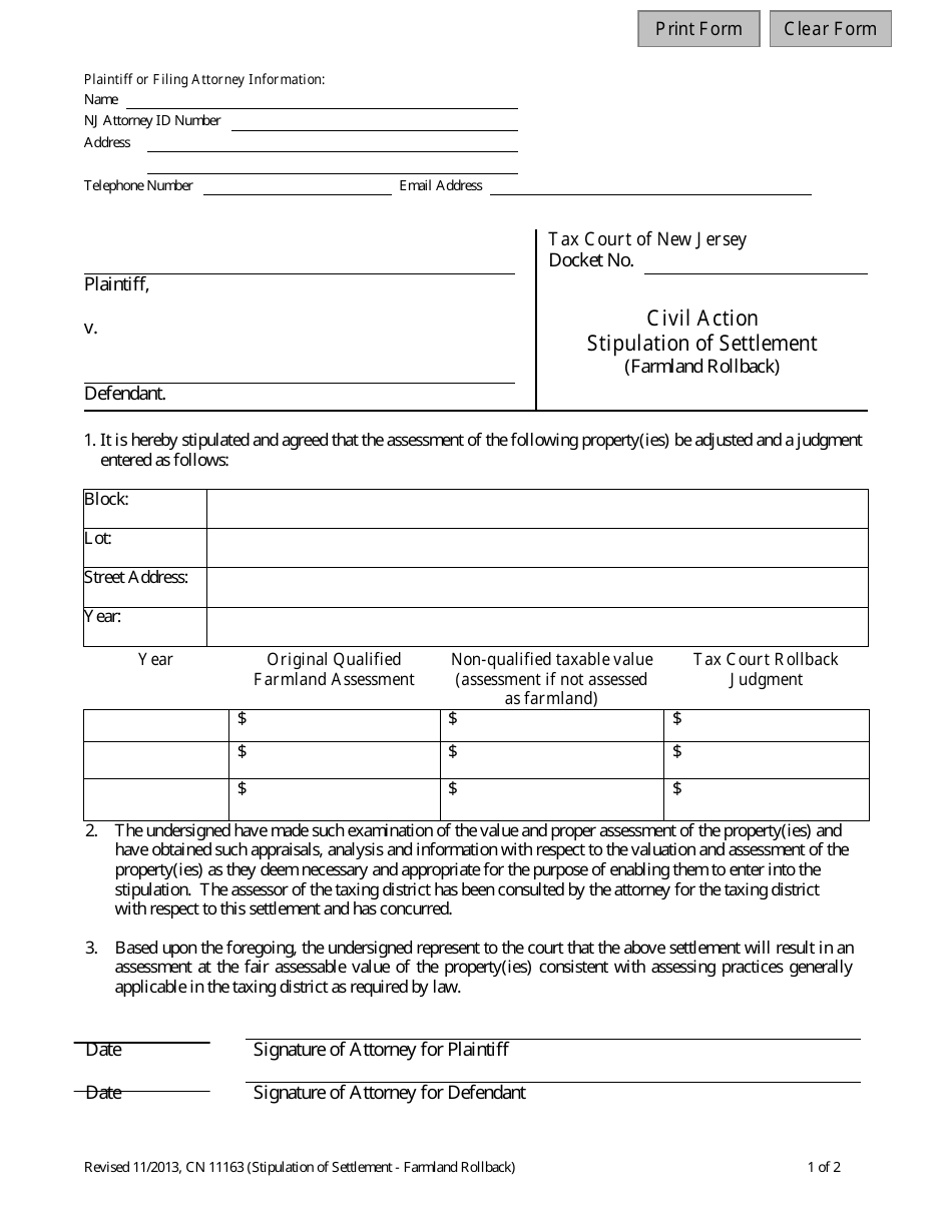 Form 11163 Stipulation of Settlement Form Farmland Rollback - New Jersey, Page 1