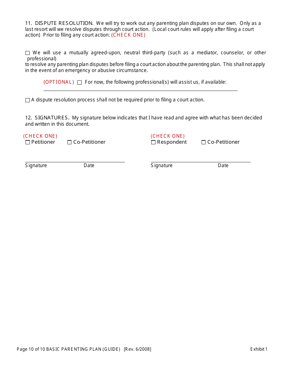 Exhibit 1 Basic Parenting Plan - Oregon, Page 10