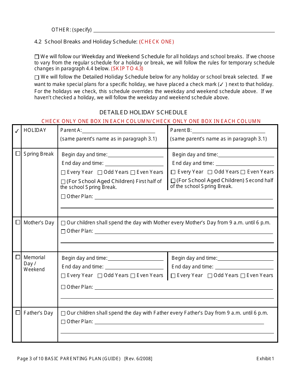 Exhibit 1 Basic Parenting Plan - Oregon, Page 3