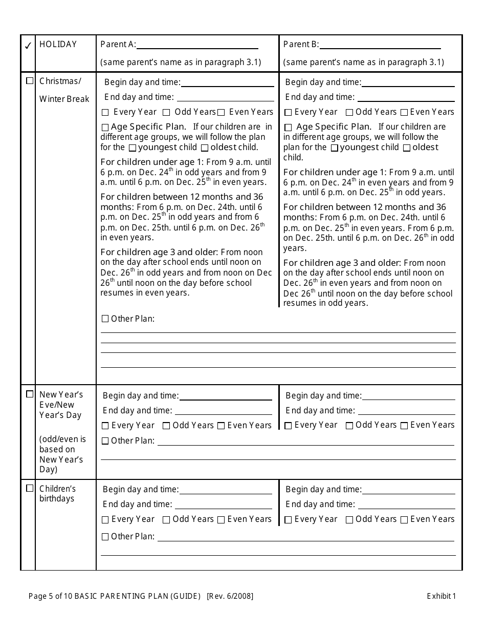 Exhibit 1 Basic Parenting Plan - Oregon, Page 5