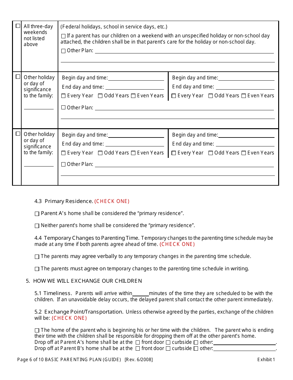 Exhibit 1 Basic Parenting Plan - Oregon, Page 6