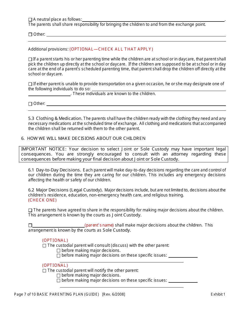 Exhibit 1 Basic Parenting Plan - Oregon, Page 7