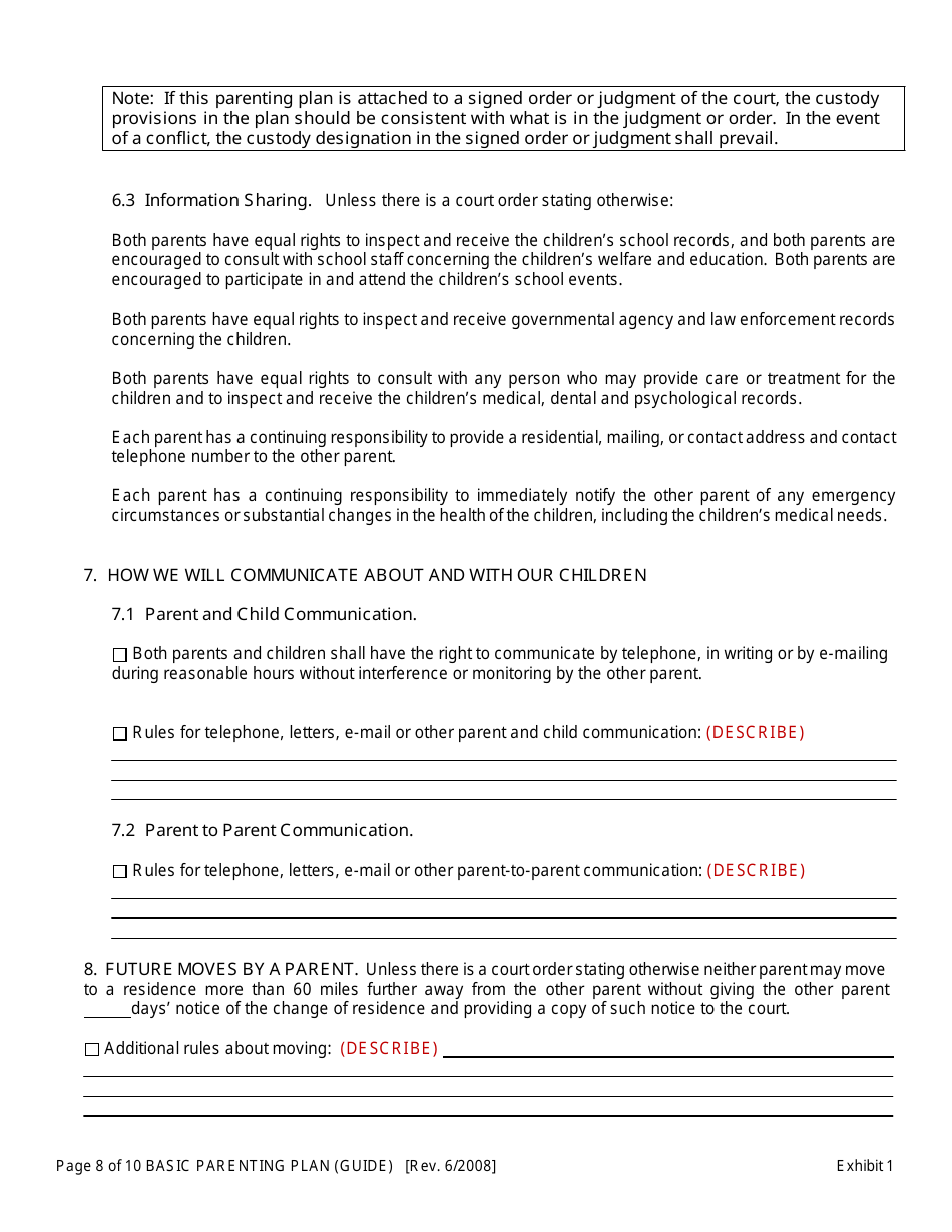 Exhibit 1 Basic Parenting Plan - Oregon, Page 8
