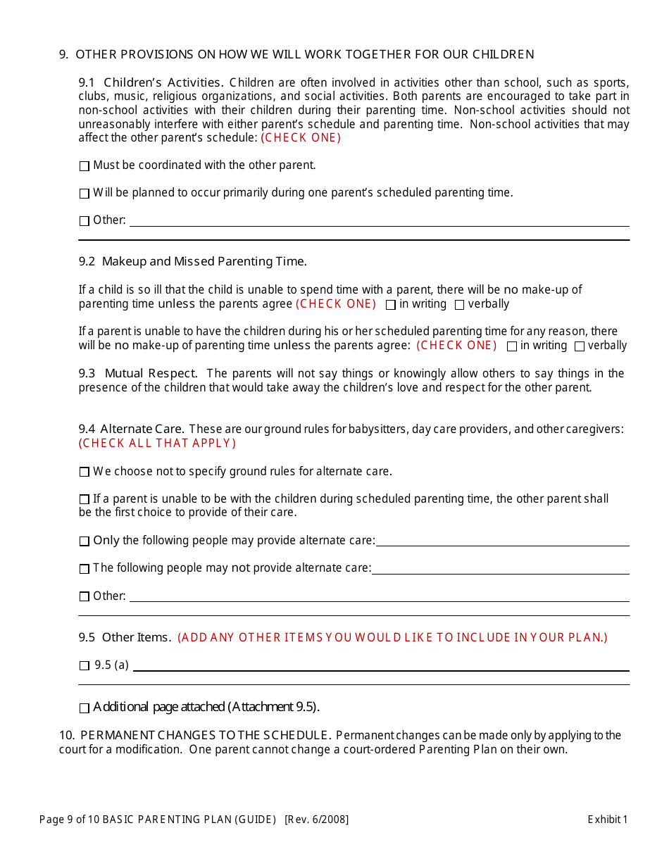 Exhibit 1 Basic Parenting Plan - Oregon, Page 9