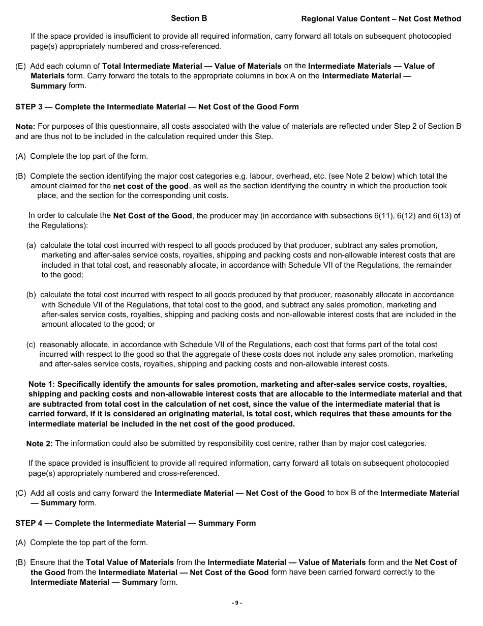 Form B228 North American Free Trade Agreement (Nafta) Origin Verification Questionnaire Regional Value Content - Net Cost Method - Canada, Page 10