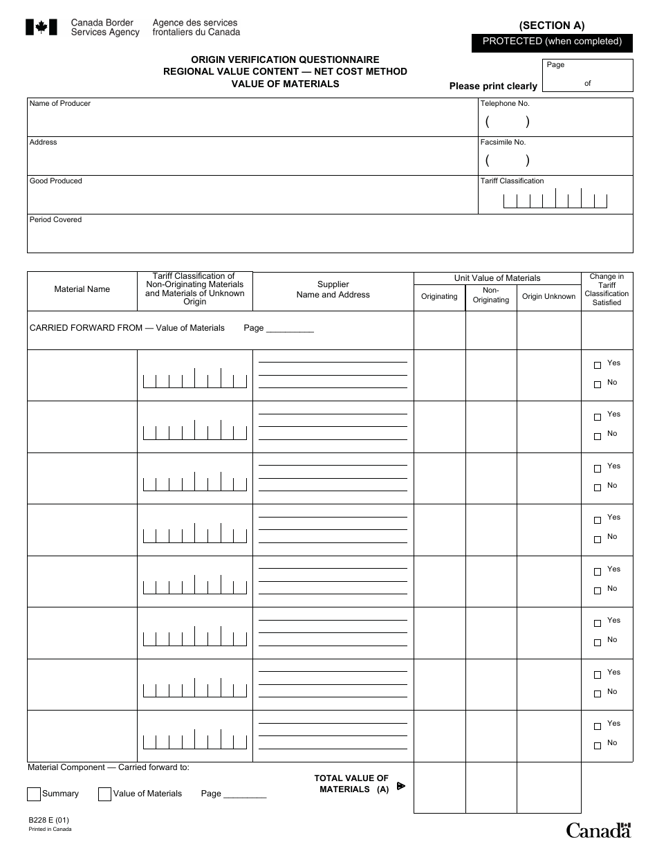 Form B228 North American Free Trade Agreement (Nafta) Origin Verification Questionnaire Regional Value Content - Net Cost Method - Canada, Page 15