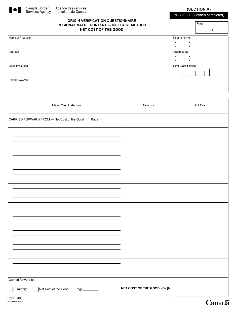 Form B228 North American Free Trade Agreement (Nafta) Origin Verification Questionnaire Regional Value Content - Net Cost Method - Canada, Page 16
