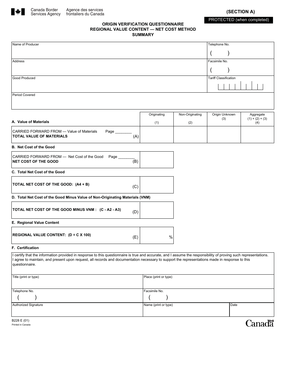 Form B228 North American Free Trade Agreement (Nafta) Origin Verification Questionnaire Regional Value Content - Net Cost Method - Canada, Page 17