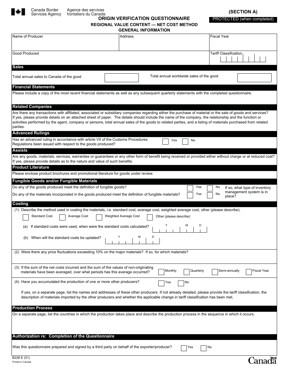 Form B228 North American Free Trade Agreement (Nafta) Origin Verification Questionnaire Regional Value Content - Net Cost Method - Canada, Page 18