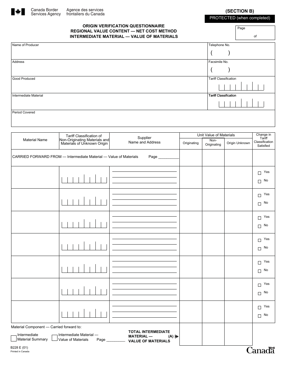 Form B228 North American Free Trade Agreement (Nafta) Origin Verification Questionnaire Regional Value Content - Net Cost Method - Canada, Page 19
