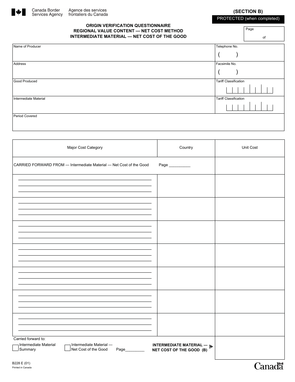Form B228 North American Free Trade Agreement (Nafta) Origin Verification Questionnaire Regional Value Content - Net Cost Method - Canada, Page 20