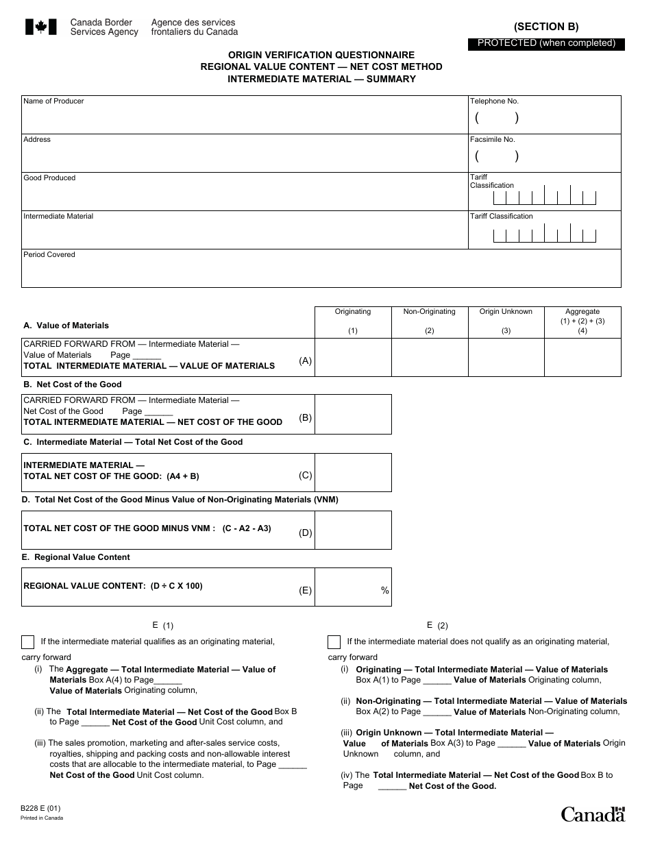 Form B228 North American Free Trade Agreement (Nafta) Origin Verification Questionnaire Regional Value Content - Net Cost Method - Canada, Page 21