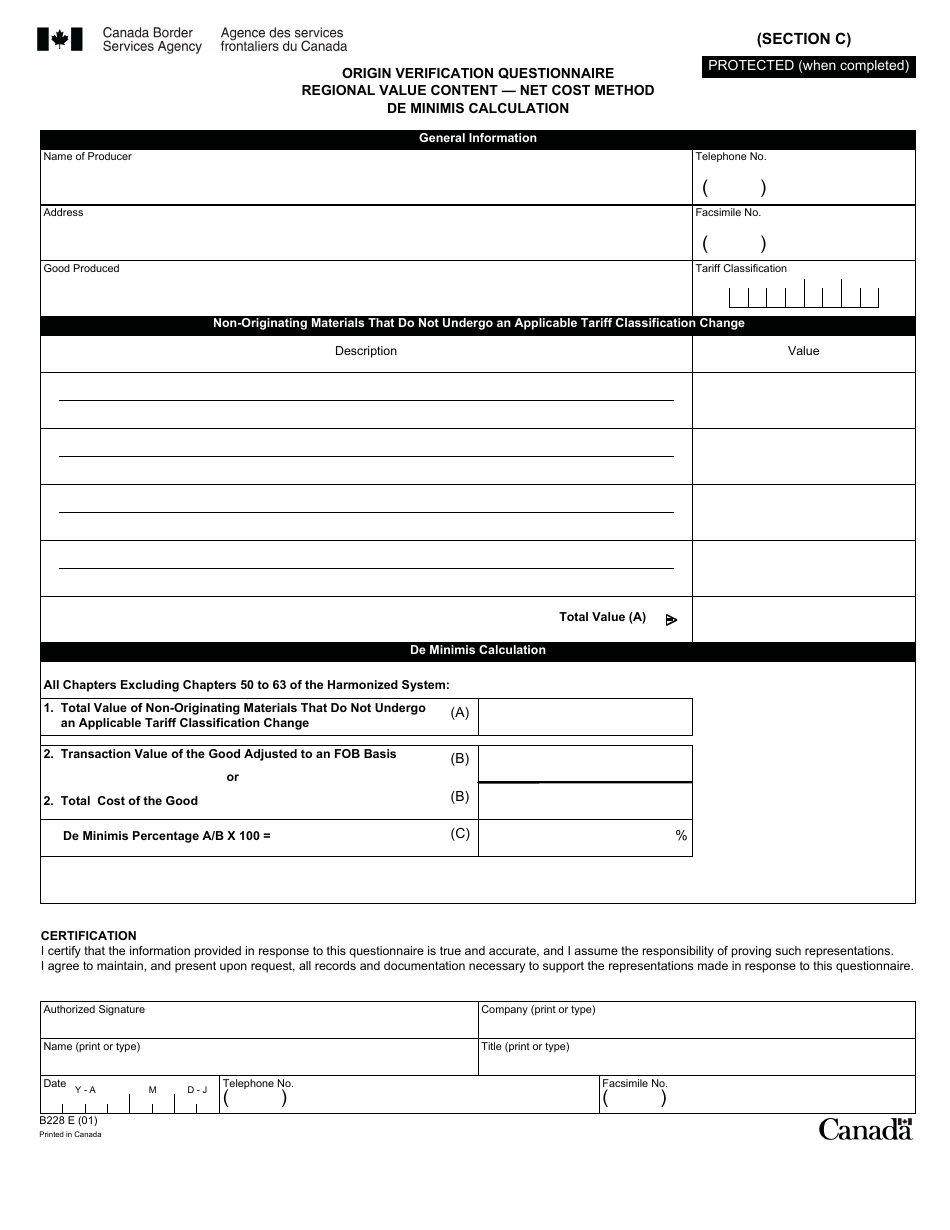 Form B228 North American Free Trade Agreement (Nafta) Origin Verification Questionnaire Regional Value Content - Net Cost Method - Canada, Page 22