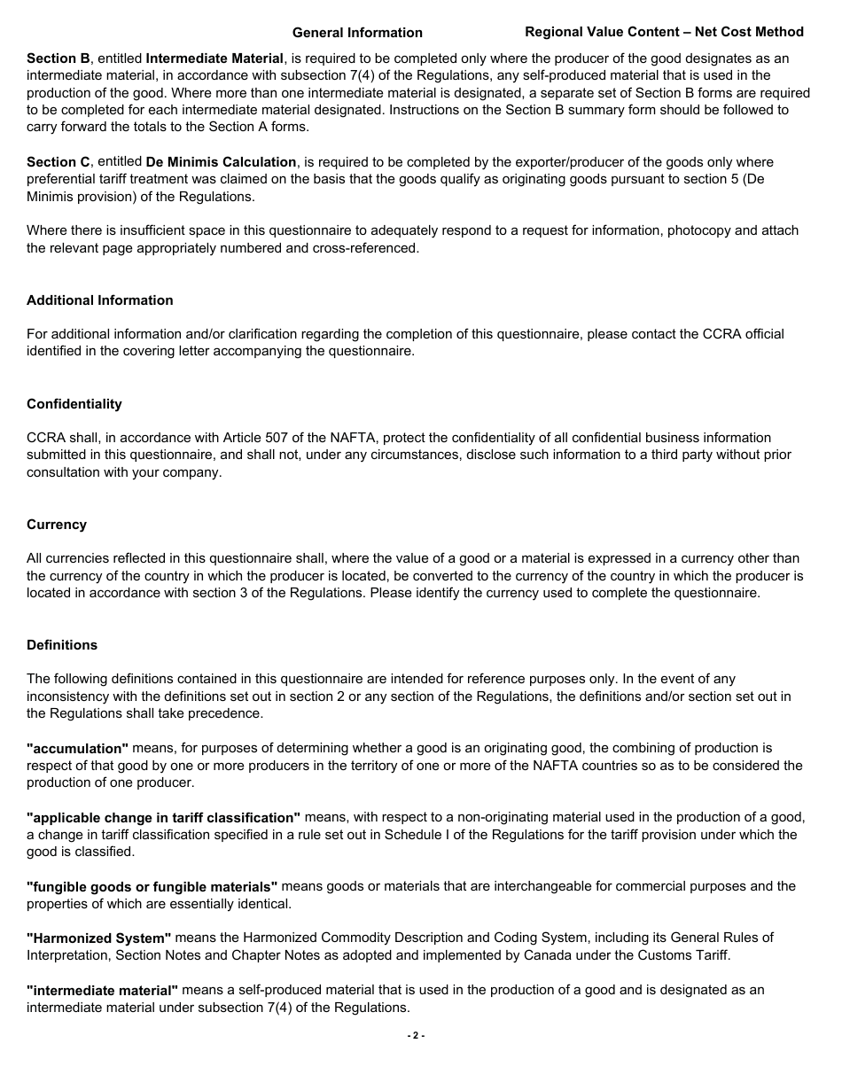 Form B228 North American Free Trade Agreement (Nafta) Origin Verification Questionnaire Regional Value Content - Net Cost Method - Canada, Page 3