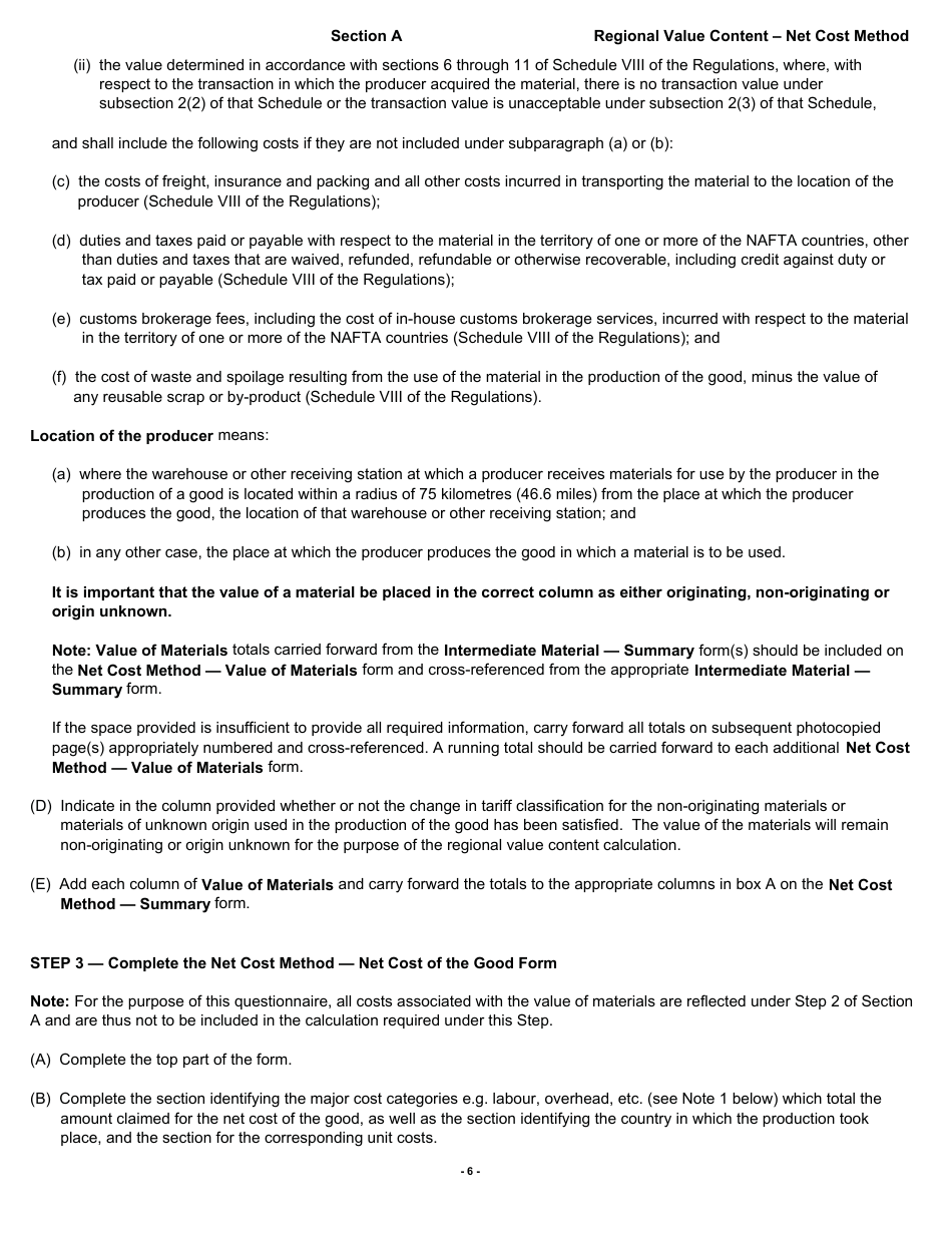 Form B228 North American Free Trade Agreement (Nafta) Origin Verification Questionnaire Regional Value Content - Net Cost Method - Canada, Page 7
