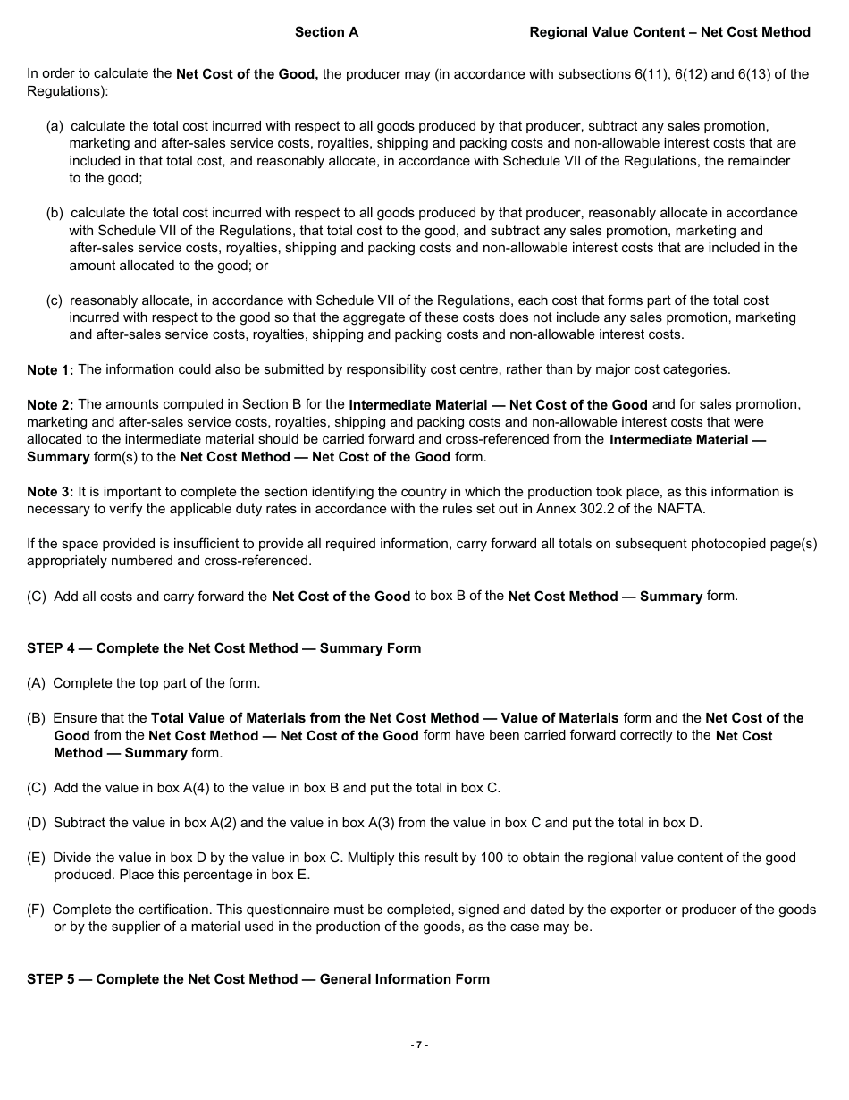 Form B228 North American Free Trade Agreement (Nafta) Origin Verification Questionnaire Regional Value Content - Net Cost Method - Canada, Page 8