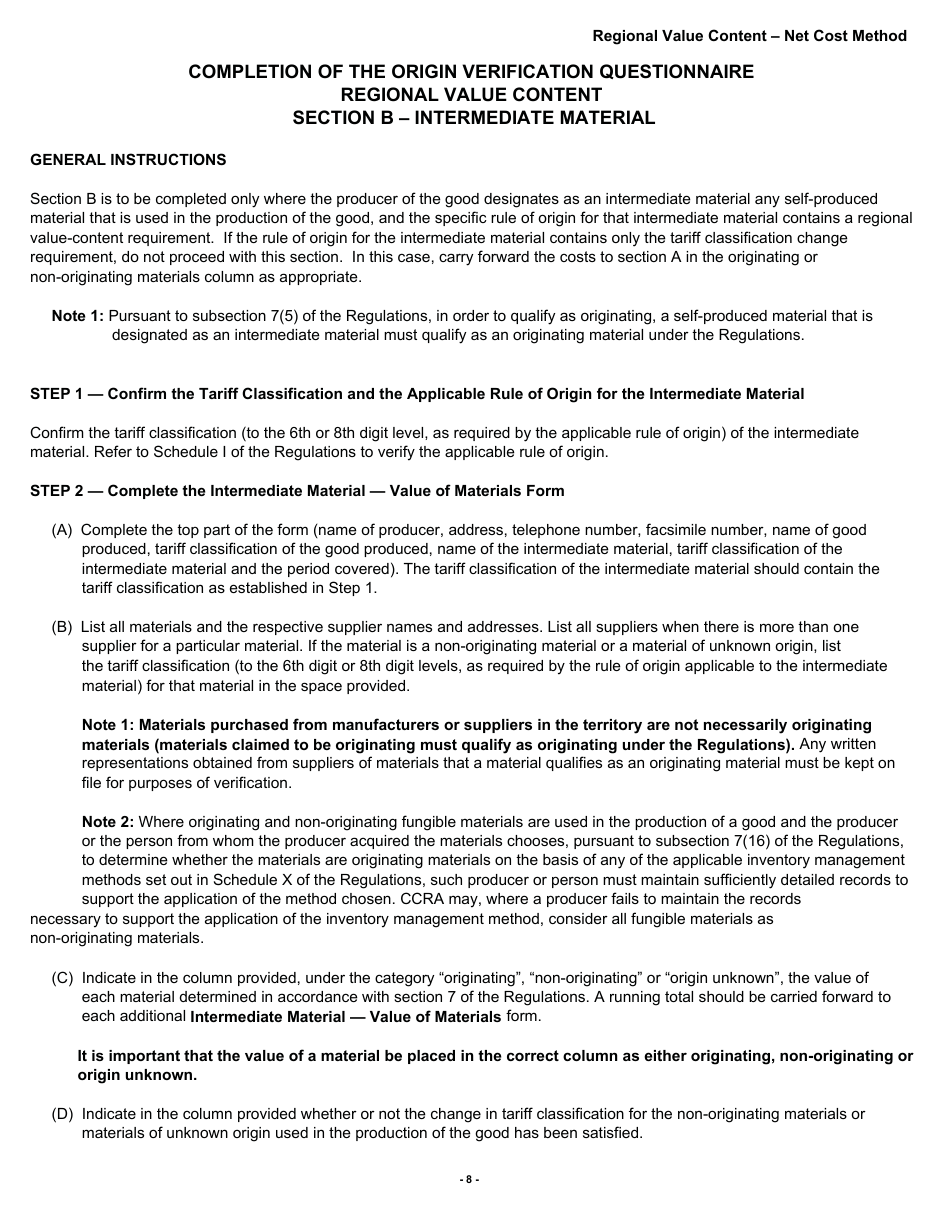 Form B228 North American Free Trade Agreement (Nafta) Origin Verification Questionnaire Regional Value Content - Net Cost Method - Canada, Page 9