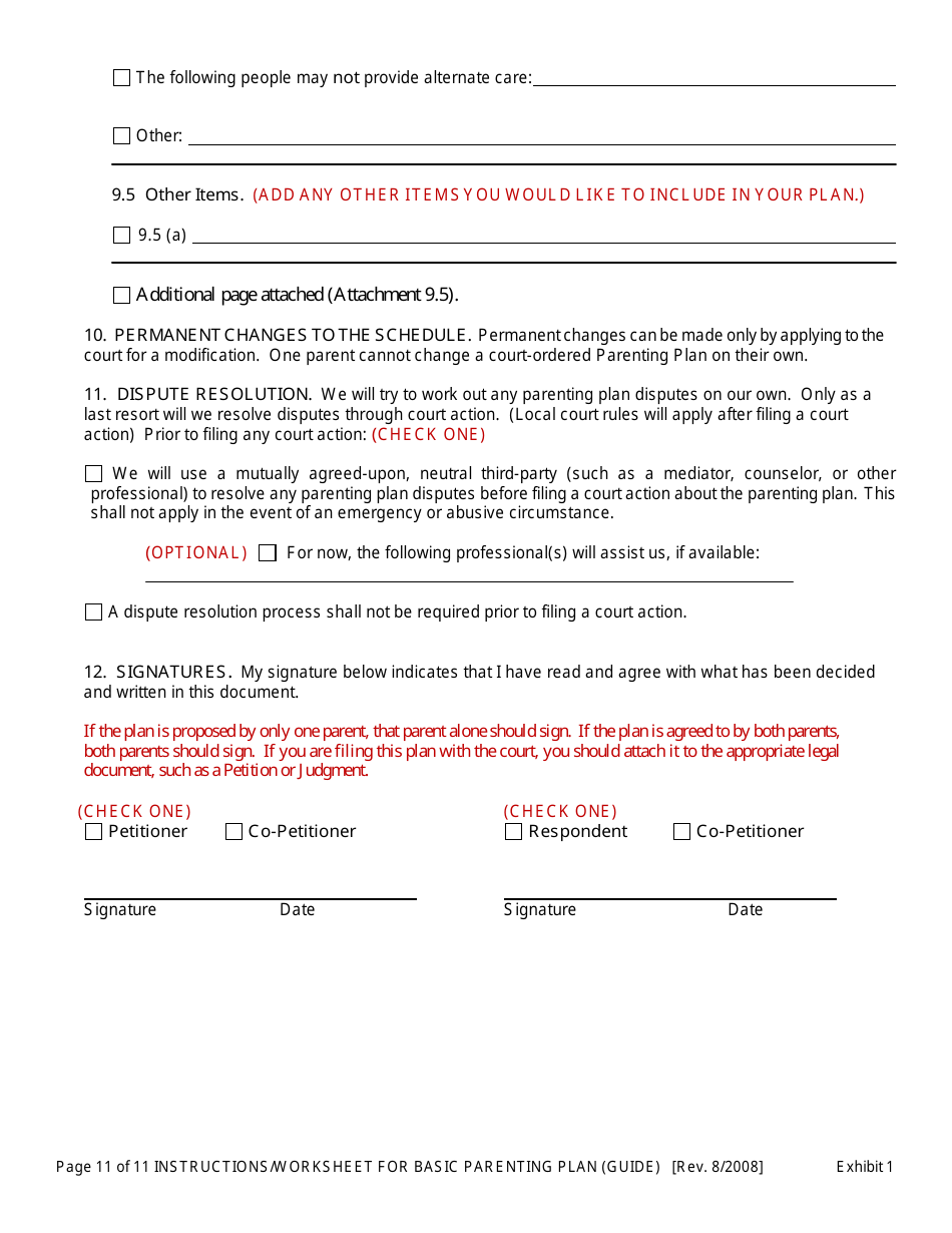 Instructions for Exhibit 1 Basic Parenting Plan - Oregon, Page 11