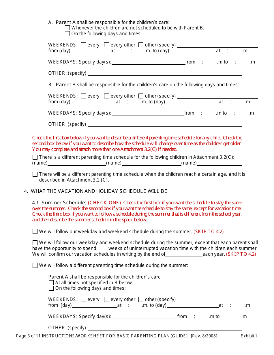 Instructions for Exhibit 1 Basic Parenting Plan - Oregon, Page 3