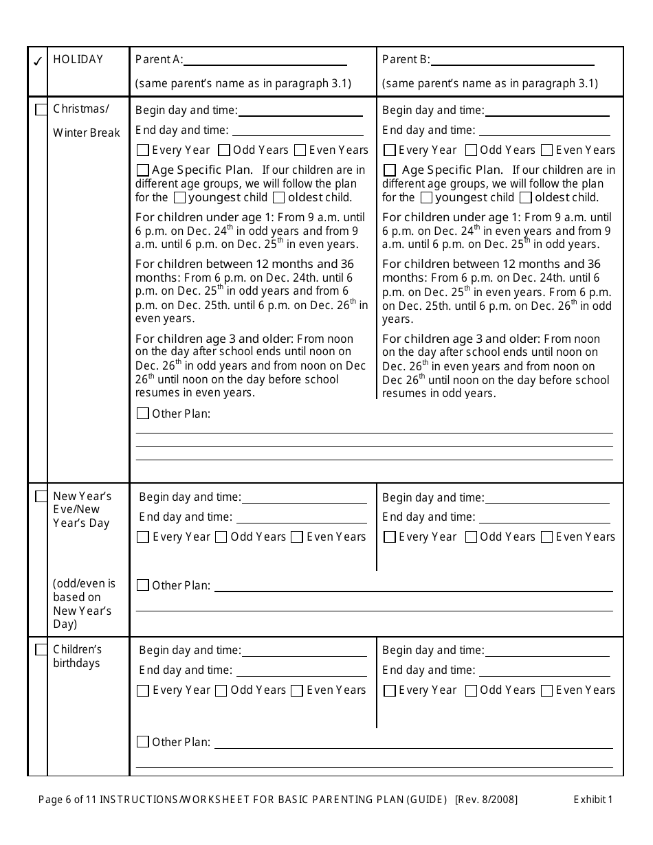 Instructions for Exhibit 1 Basic Parenting Plan - Oregon, Page 6