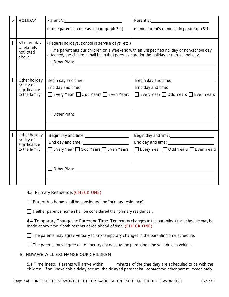 Instructions for Exhibit 1 Basic Parenting Plan - Oregon, Page 7