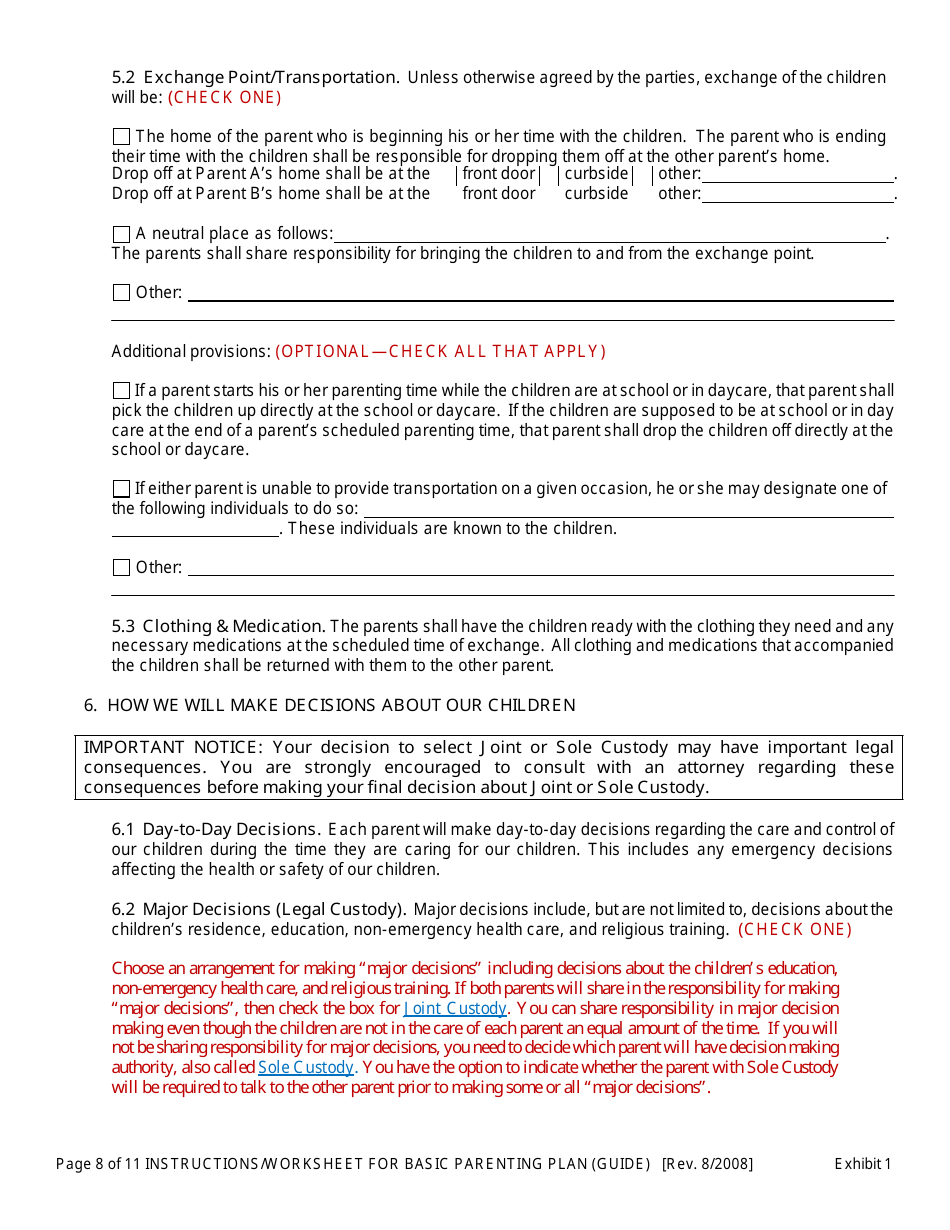 Instructions for Exhibit 1 Basic Parenting Plan - Oregon, Page 8