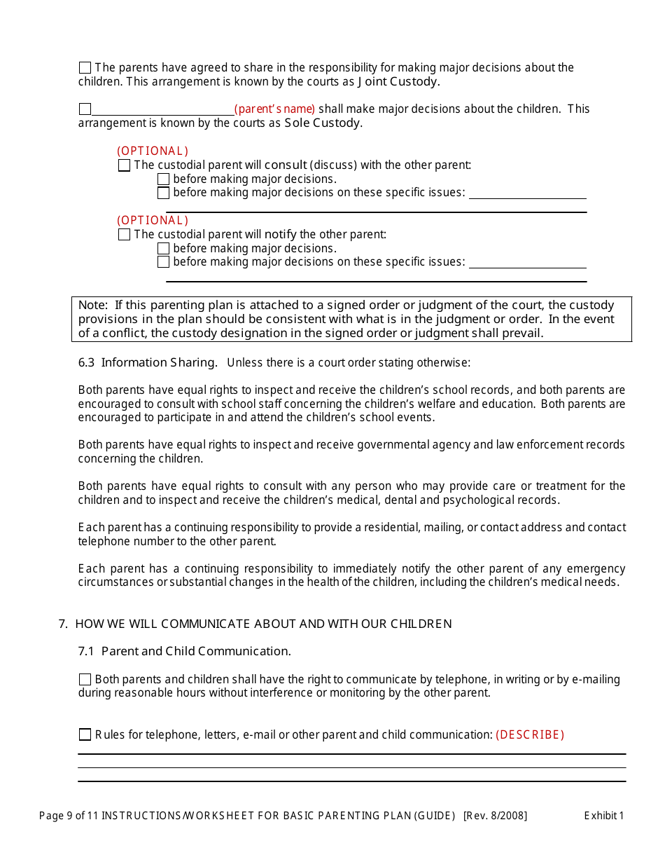 Instructions for Exhibit 1 Basic Parenting Plan - Oregon, Page 9
