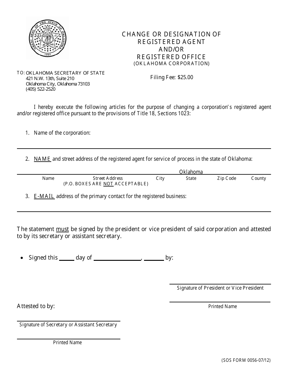 SOS Form 0056 Change or Designation of Registered Agent and / or Registered Office (Oklahoma Corporation) - Oklahoma, Page 1