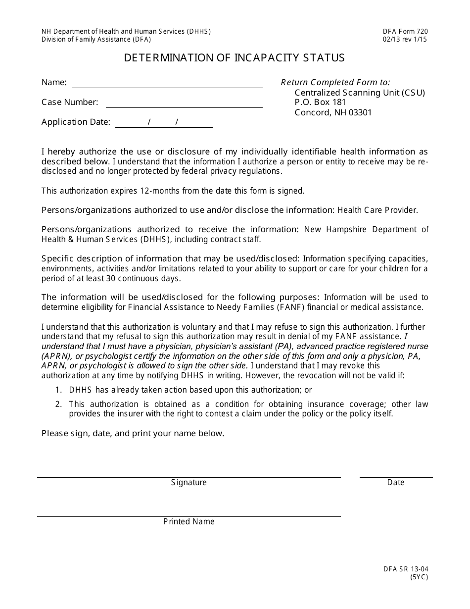 Form 720 Determination of Incapacity Status - New Hampshire, Page 1