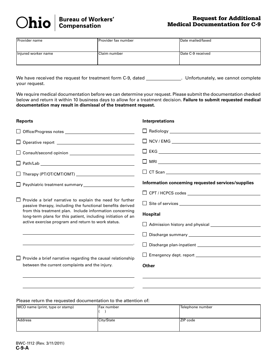 Form C-9-A (BWC-1112) Request for Additional Medical Documentation for C-9 - Ohio, Page 1