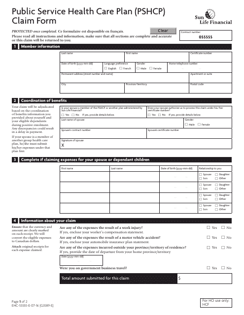 Canada Public Service Health Care Plan Pshcp Claim Form Sun Life 