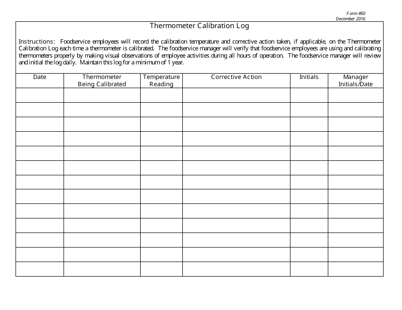 Form 50 Thermometer Calibration Log - New Jersey