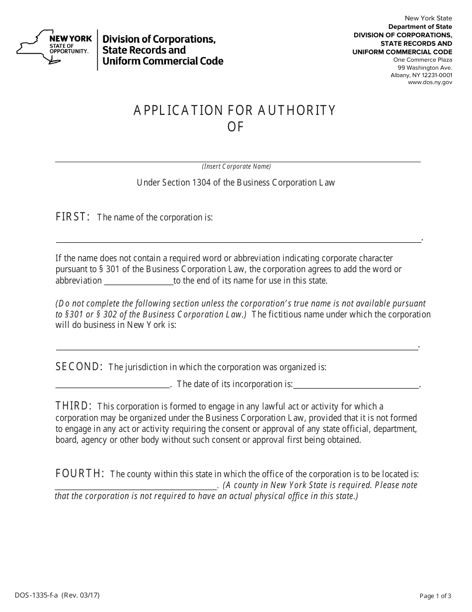 Form DOS-1335-F-A Application for Authority - New York, Page 1