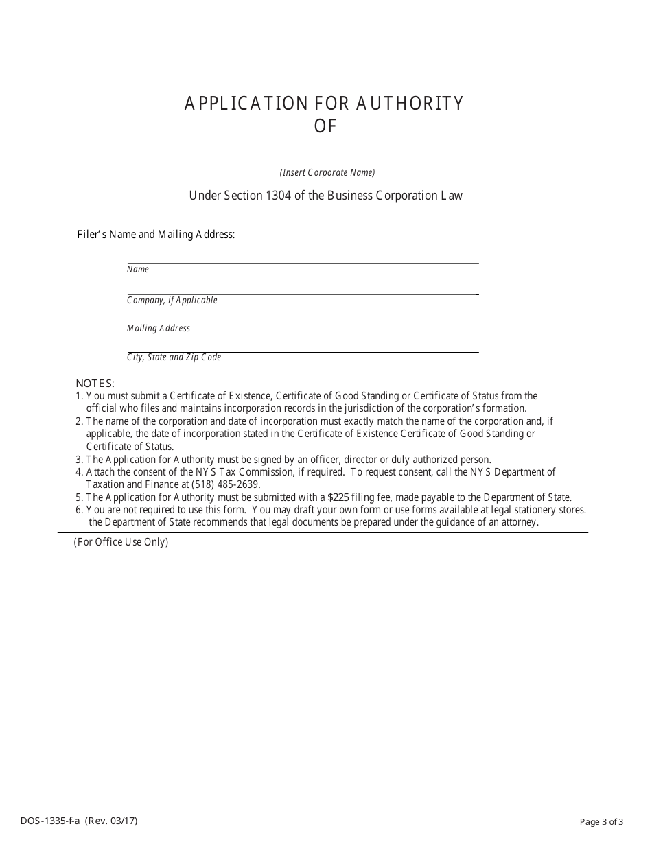 Form DOS-1335-F-A Application for Authority - New York, Page 3