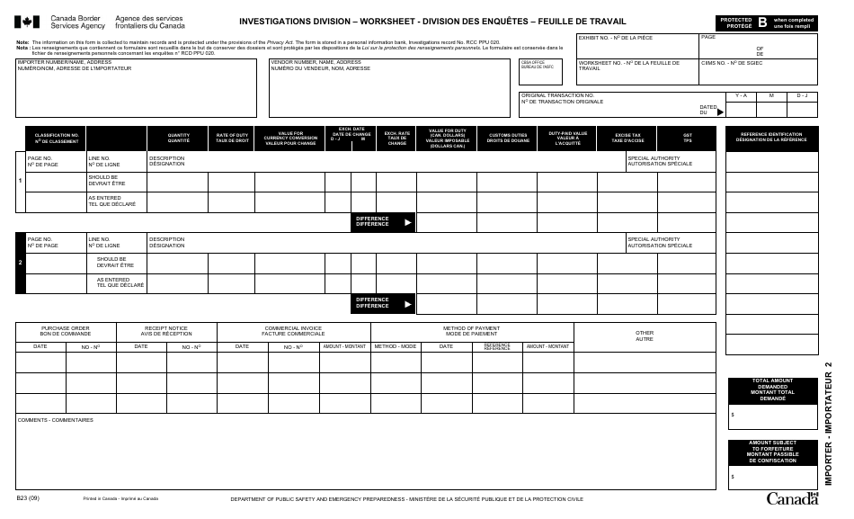 Form B23 Investigations Division - Worksheet - Canada (English / French), Page 2