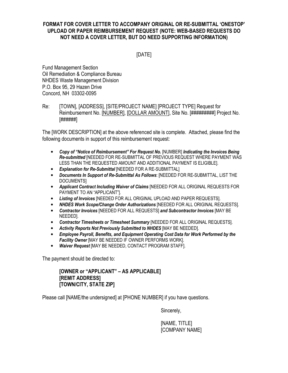 Format for Cover Letter to Accompany Original or Re-submittal onestop Upload or Paper Reimbursement Request - New Hampshire, Page 1