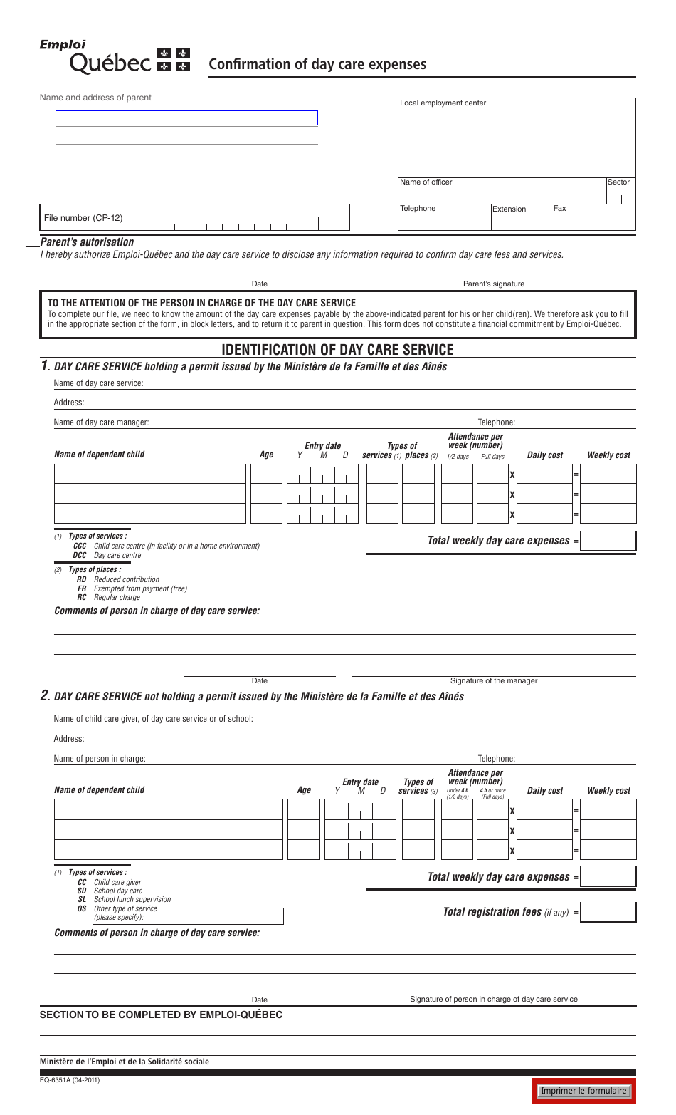 Form EQ-6351A Confirmation of Day Care Expenses - Quebec, Canada, Page 1