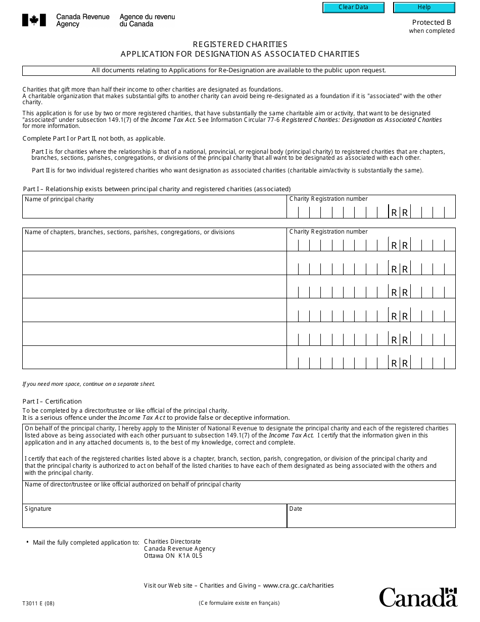 Form T3011 Application for Designation as Associated Charities - Canada, Page 1