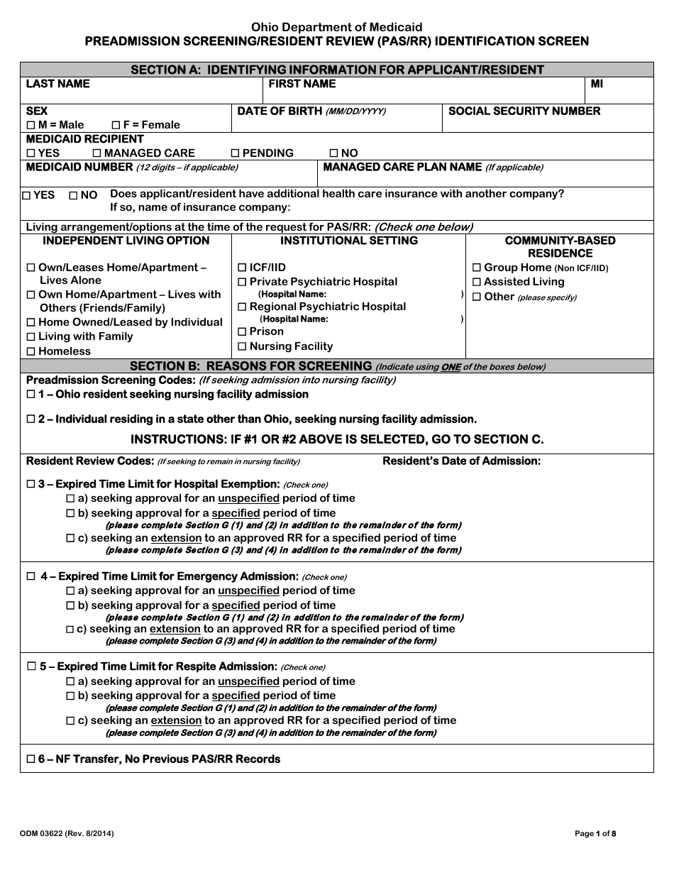 Form ODM03622 Preadmission Screening / Resident Review (Pas / Rr) Identification Screen - Ohio, Page 1