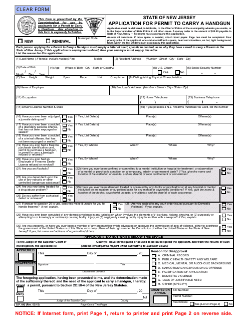 Form S.P.642 Application for Permit to Carry a Handgun - New Jersey
