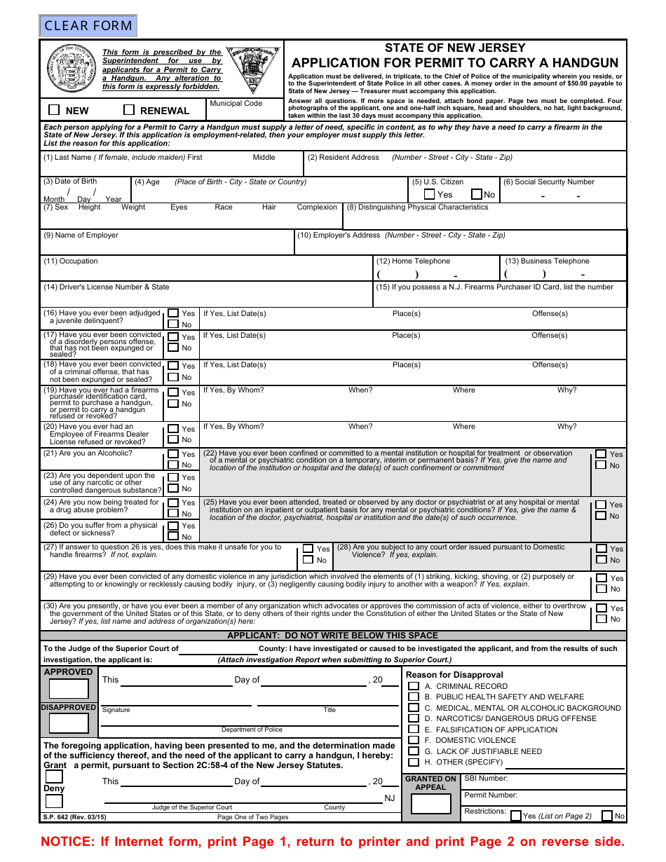 Form S.P.642 Application for Permit to Carry a Handgun - New Jersey, Page 1