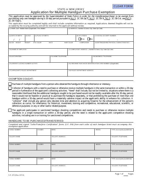 Form S.P.015 Application for Multiple Handgun Purchase Exemption - New Jersey