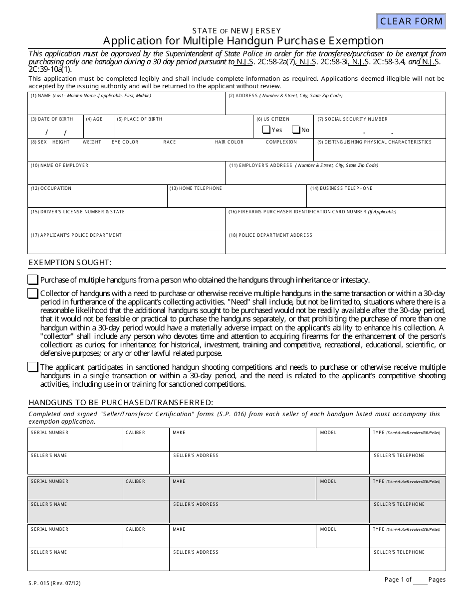 Form S.P.015 Application for Multiple Handgun Purchase Exemption - New Jersey, Page 1